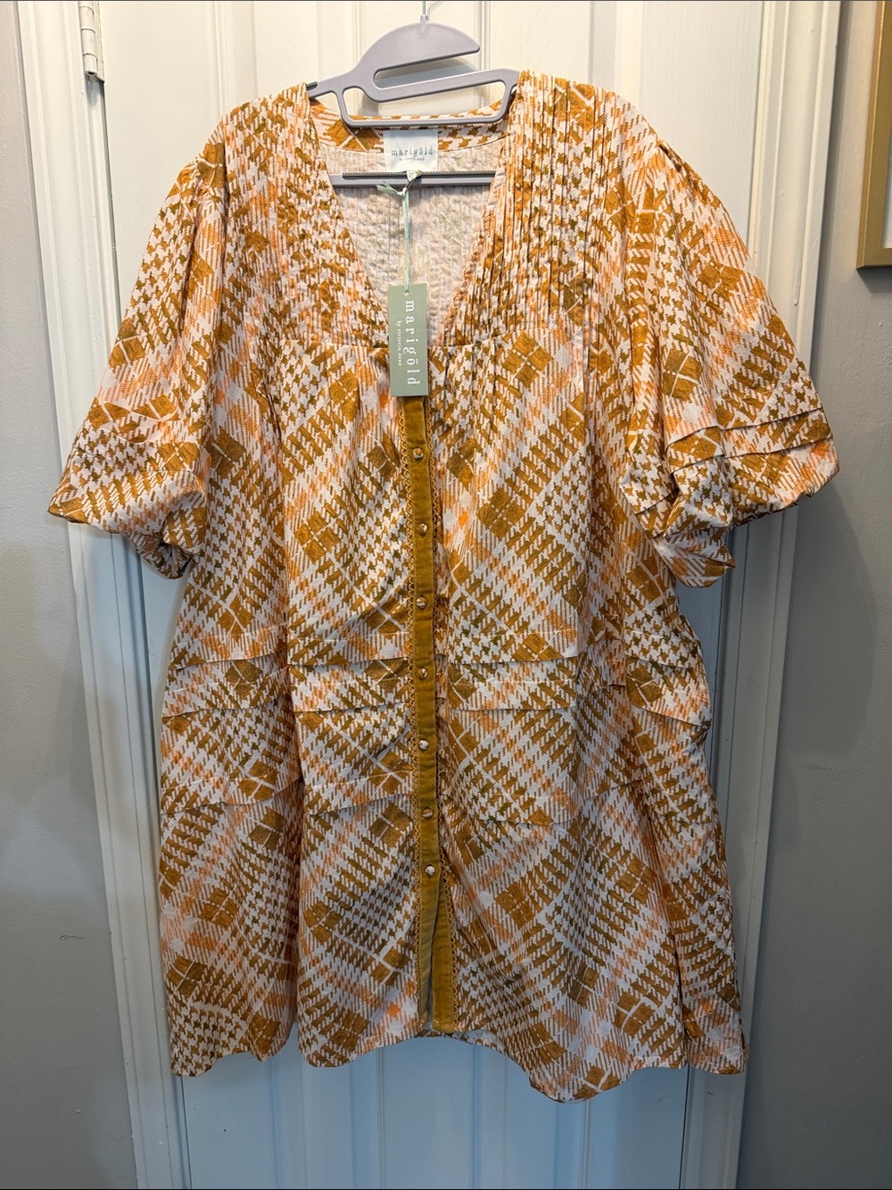 Marigold Mustard Plaid Button-Front Mini Dress